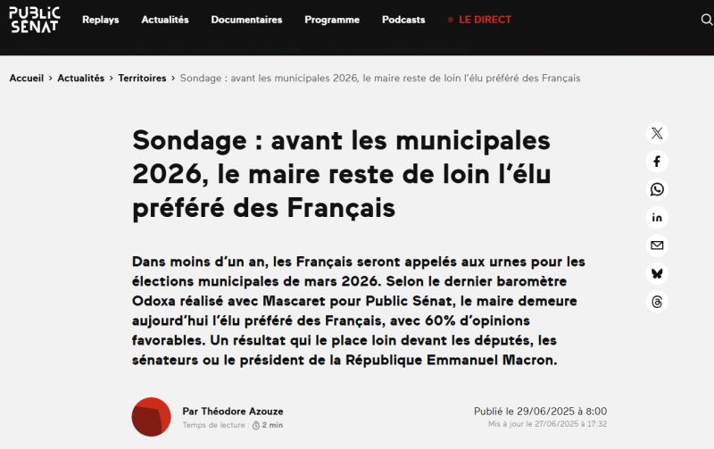 Baromètre Odoxa-Mascaret : Les Maires, élus préférés des Français.